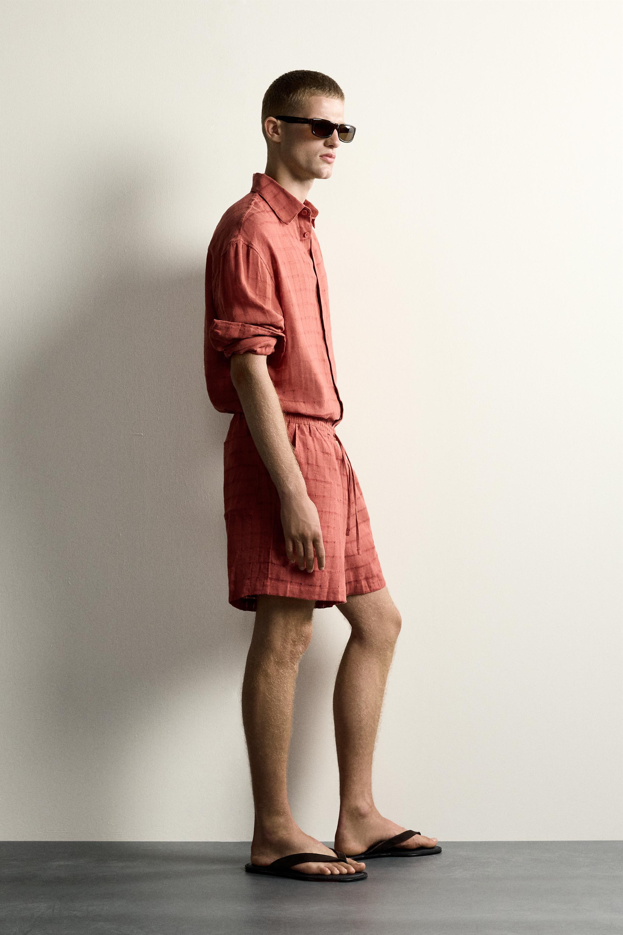 RELAXED FIT CHECKERED LINEN-COTTON JACQUARD SHIRT